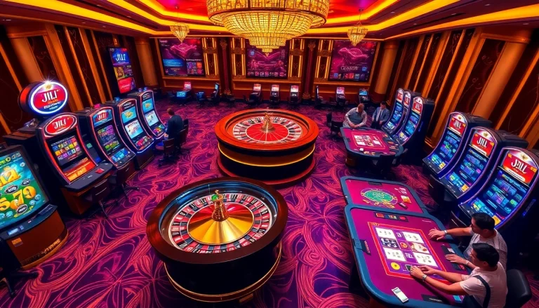 JILI gaming elements showcased in a luxurious casino setting with vibrant slot machines and roulette tables.