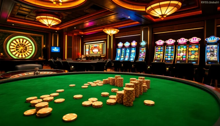 Engaging gambling action at https://kk55.global/ showcasing poker, roulette, and slot machines in a luxury setting.