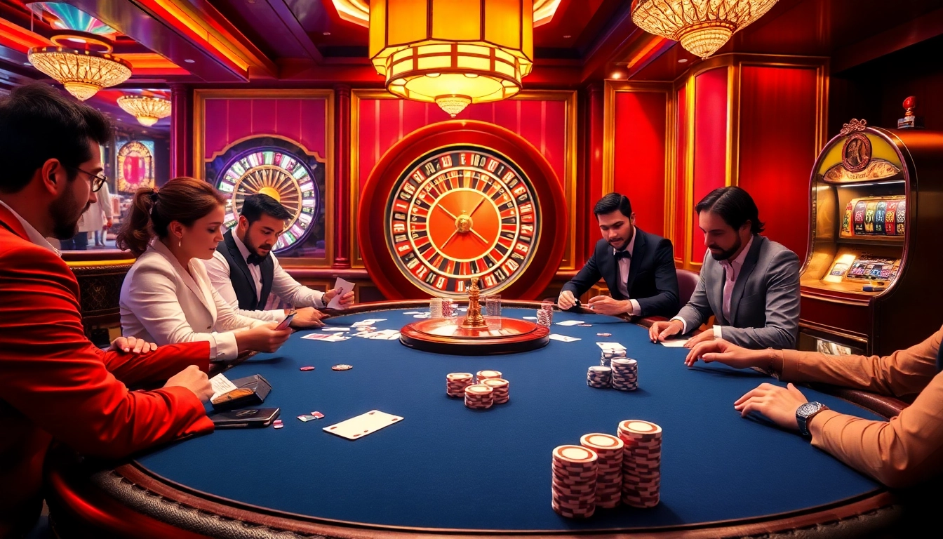 Experience a thrilling poker game at https://vb88.social/ with vibrant chips and an exciting roulette wheel.