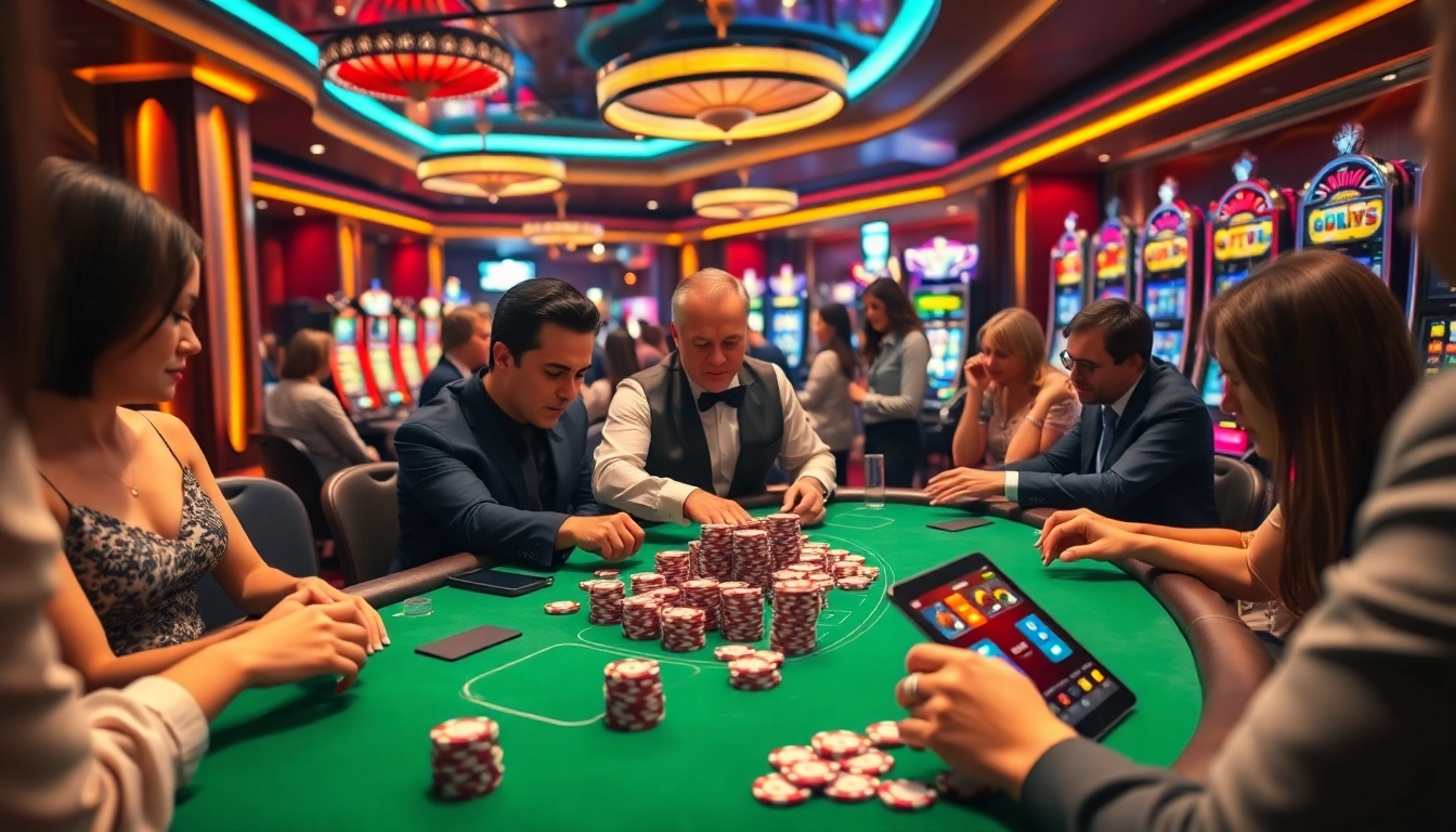 Exciting casino atmosphere with players engaged at a poker table depicting home jl55 gaming action.
