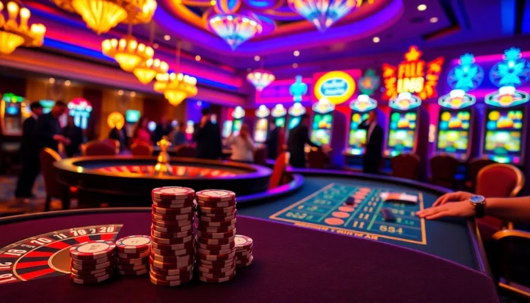 FLY88-themed poker chips stacked on an elegant casino table with excited players around.