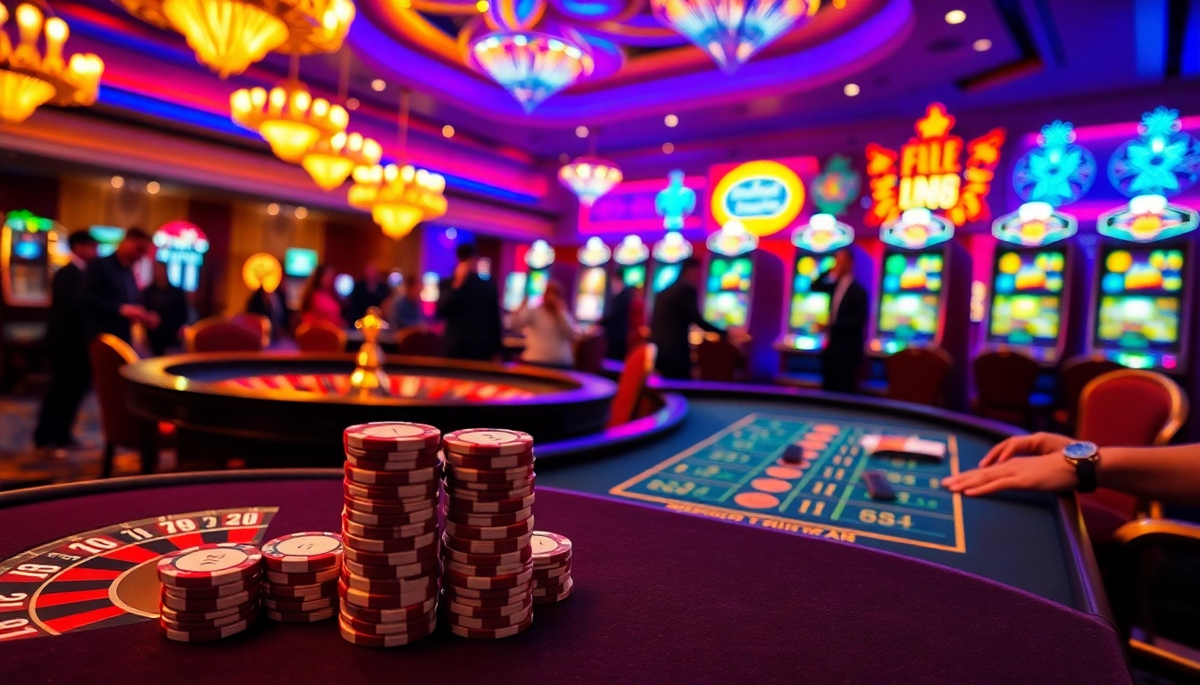 FLY88-themed poker chips stacked on an elegant casino table with excited players around.