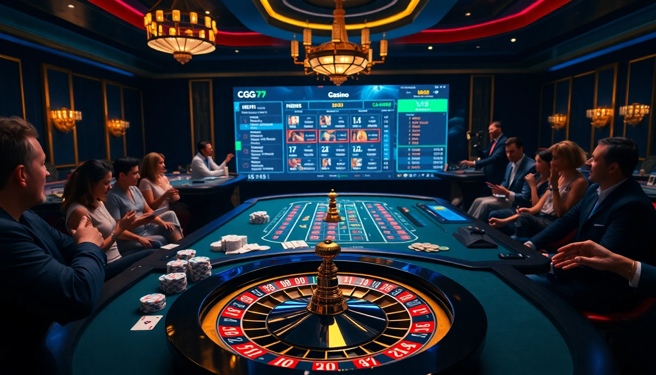 Một cảnh chơi game đầy hồi hộp tại cg79, thể hiện poker, roulette và sự sôi động của casino.