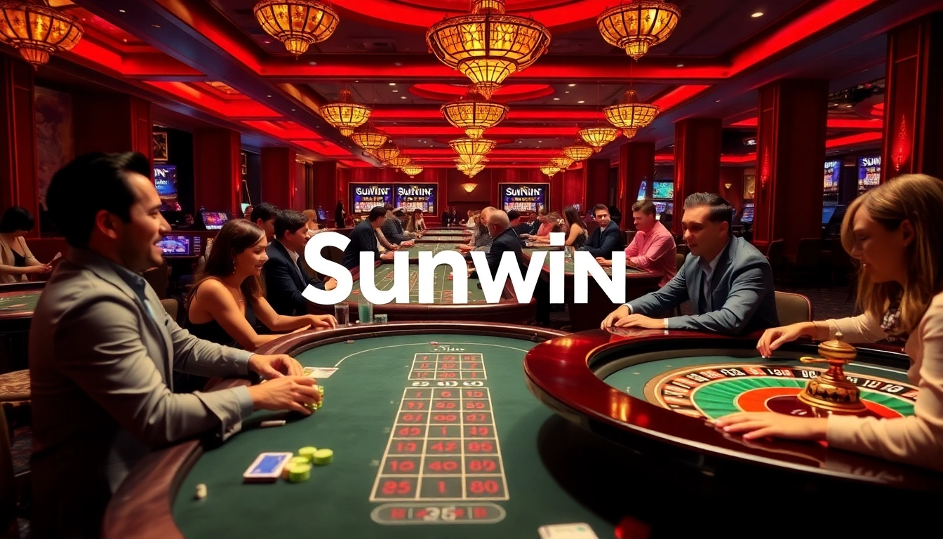 Players enjoy thrilling games at Sunwin casino, experiencing excitement with poker chips and cards.