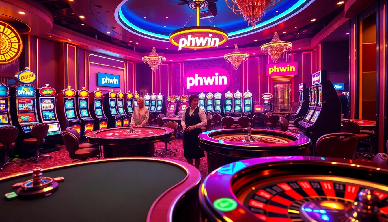 Experience high-stakes excitement at phwin's luxurious casino with vibrant gaming tables and slot machines.