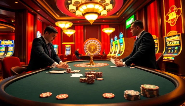 Engaging gamblers at the kkwin poker table with vibrant chips and strategic gameplay.