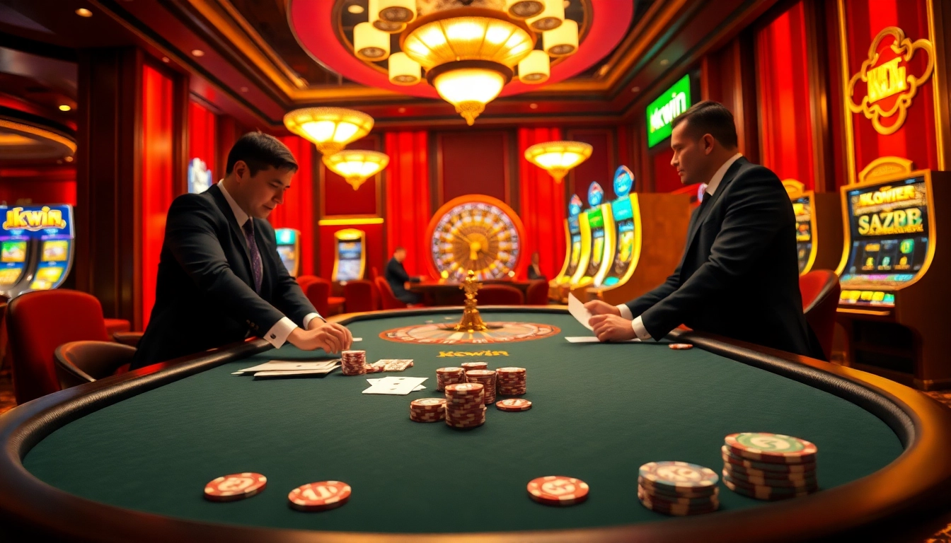 Engaging gamblers at the kkwin poker table with vibrant chips and strategic gameplay.