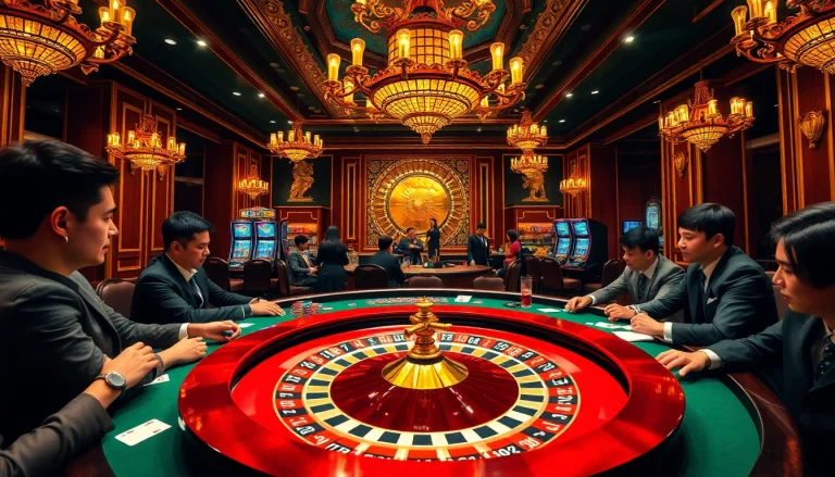 Experience the thrill of casino gaming with nh88 at a luxurious poker table surrounded by intense players.