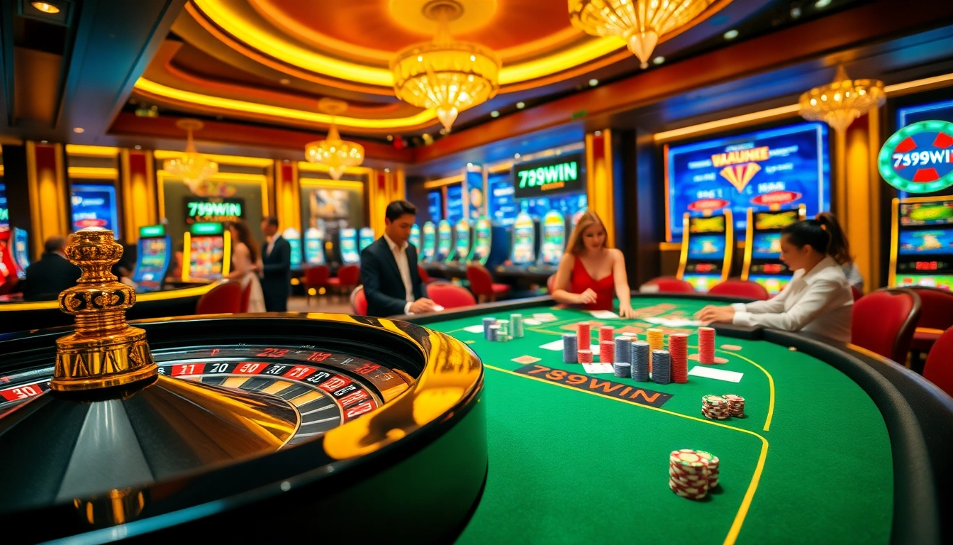 Engage in the excitement of gambling with 789WIN amidst a stunning casino scene.