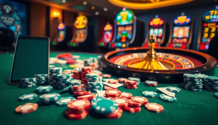 Ứng dụng BetVIP trong cảnh casino sang trọng với những đồng chip, lá bài và sự phấn khích.