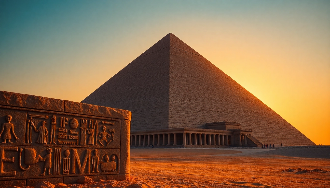 View of the Great Pyramid of Giza at sunset, a symbolic representation for https://piraminds.com/.