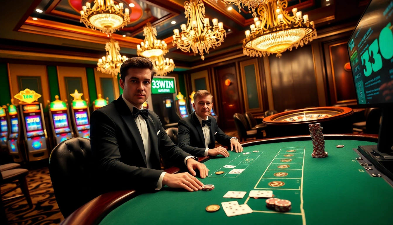 Experience the thrill of winning at https://33wins.it.com with an elegant casino scene full of poker tables and slot machines.