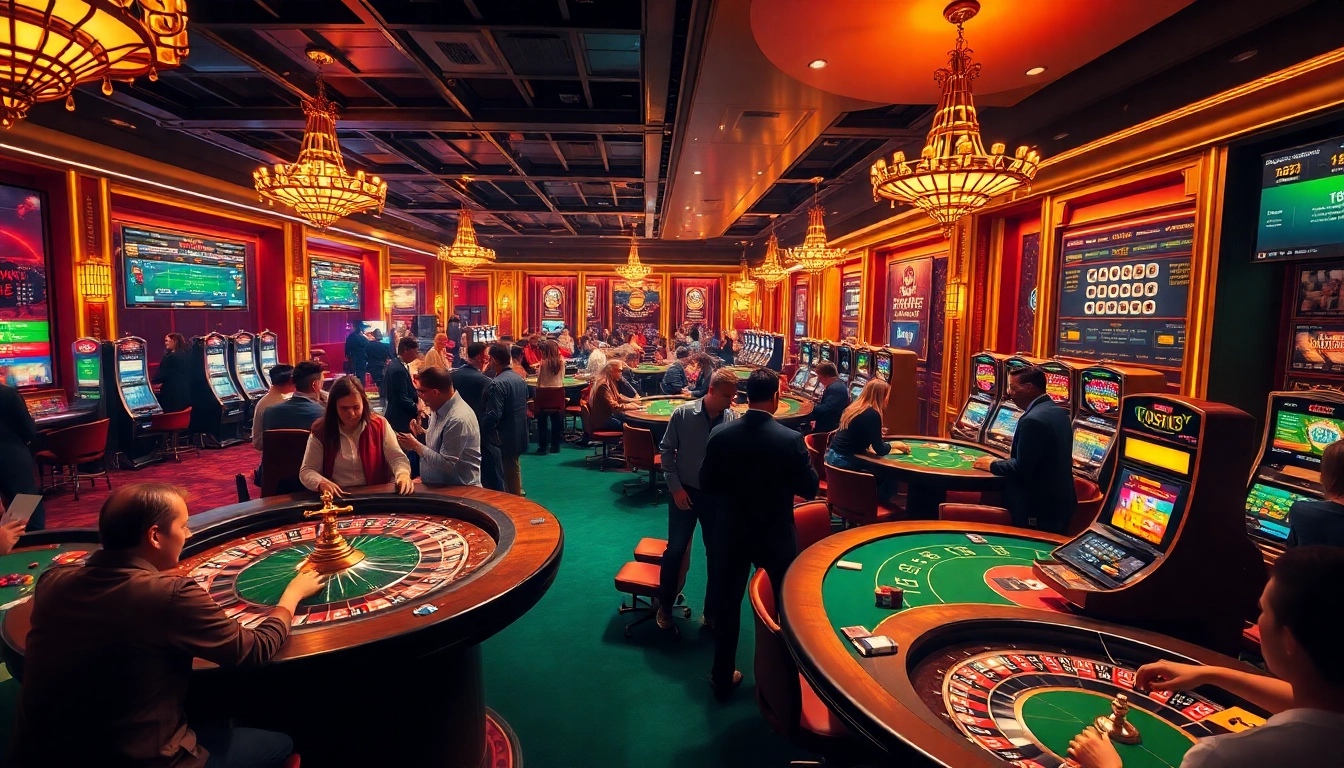 Engaging scene at https://ok8386.sh/ with players at roulette and poker tables, surrounded by vibrant casino energy.