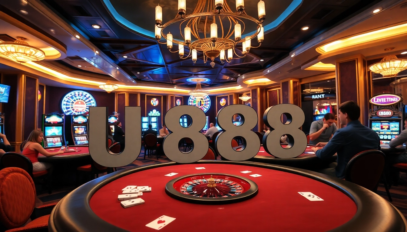 Exciting gaming action at U888 casino with players at poker tables and roulette.