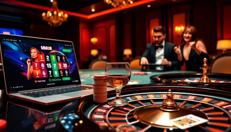 MM88 casino players enjoying an exciting poker game with luxurious ambiance.