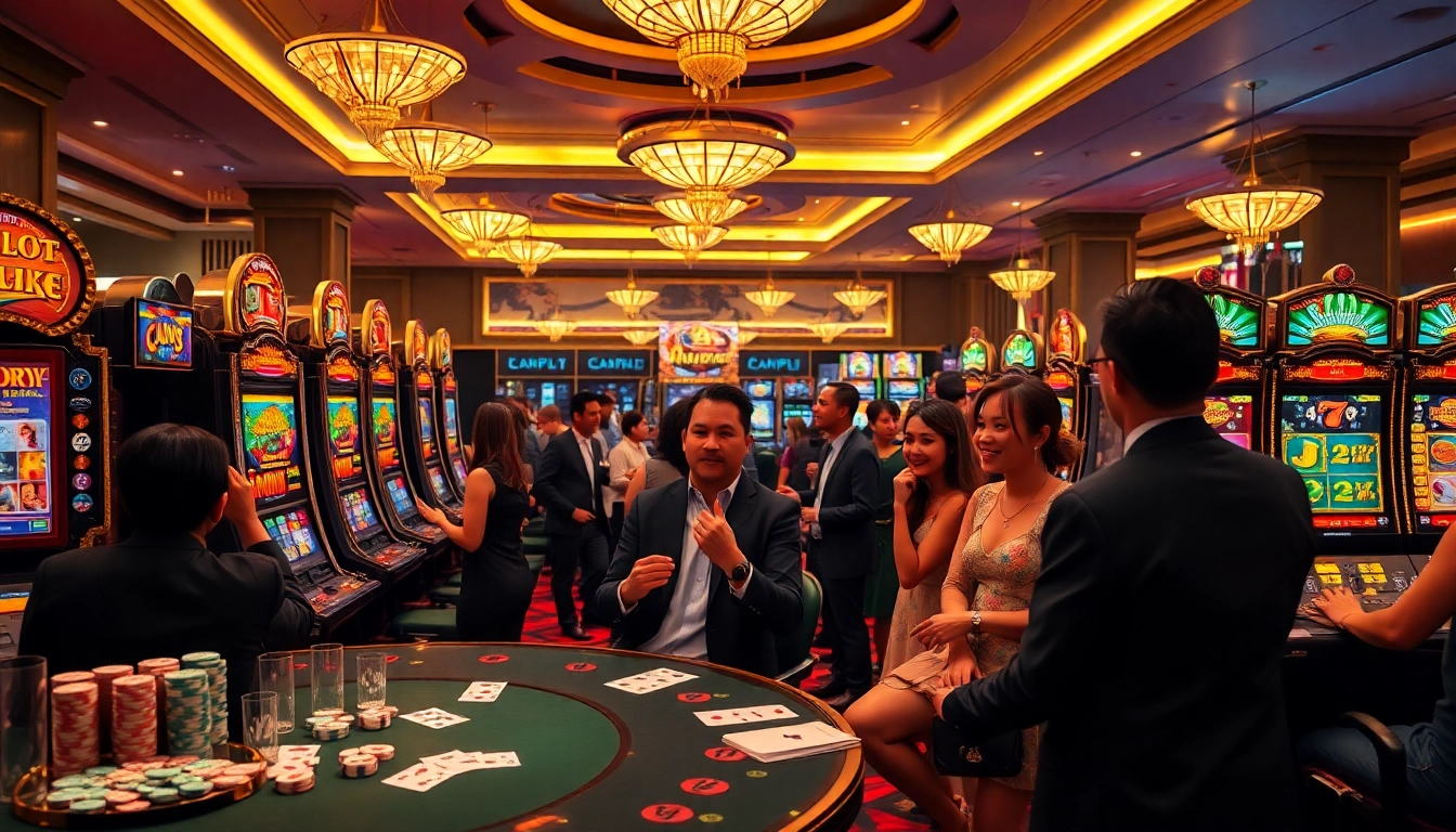Witness the thrill of slot gacor hari ini with players enjoying vibrant slot machines in a luxury casino setting.