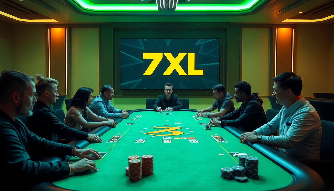7xl להורדה: סצנת משחק פוקר מקוון מרגשת עם שחקנים על שולחן דיגיטלי.