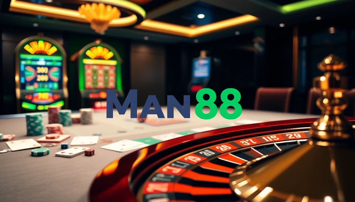 Join the excitement at nhà cái Man88 with a professional casino setup featuring cards, chips, and a roulette wheel.