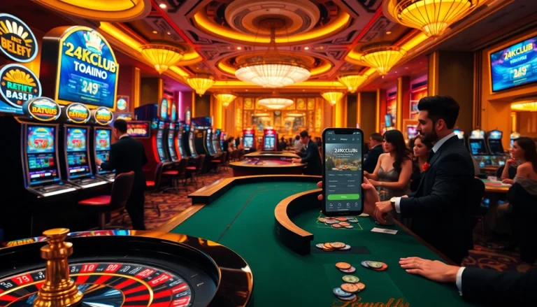 Exciting scene of the 24kclub app being used in a vibrant casino with dynamic gameplay elements.