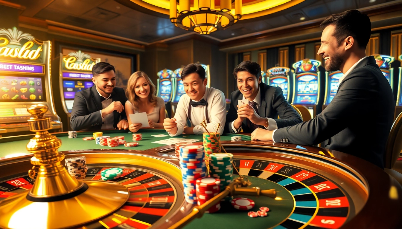 The vibrant casino scene depicts players excitedly engaging at the poker table, showcasing the go8 betting experience.