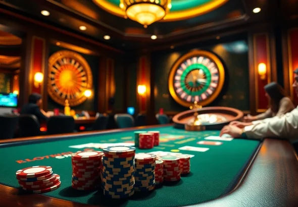 Engaging poker action at https://www.eejl88888.com/ with vibrant chips and a roulette wheel.