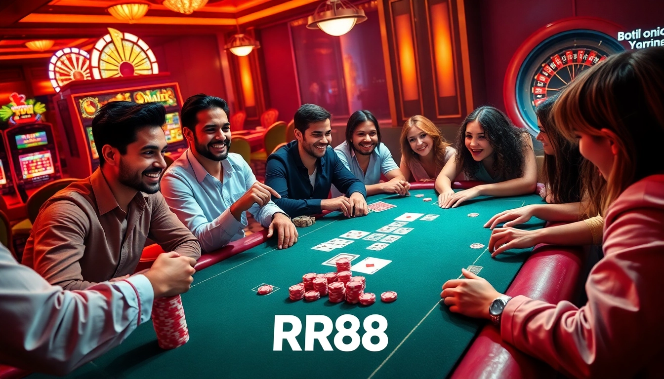 RR88 players engaging in an exciting poker game at a luxurious casino table.