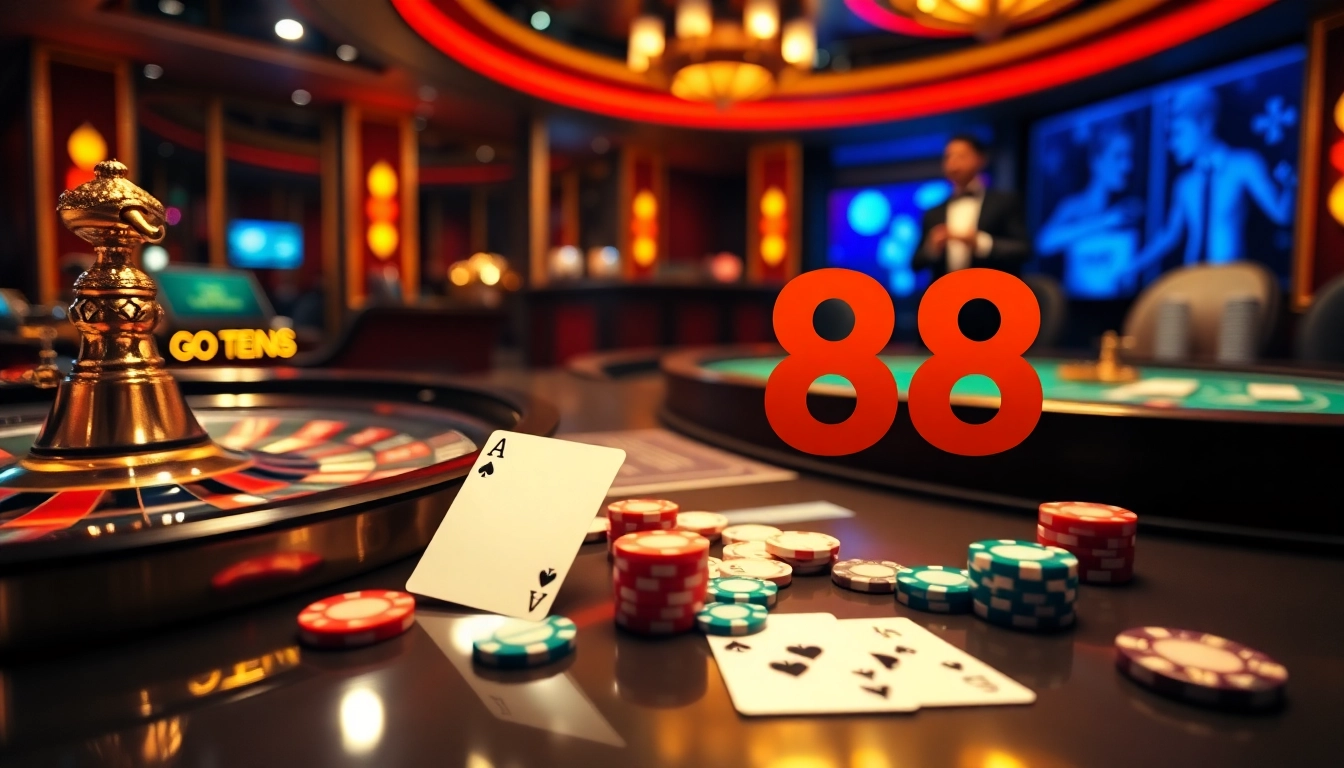 Experience the excitement of GO88 with a vibrant casino scene featuring roulette, poker chips, and live dealers.