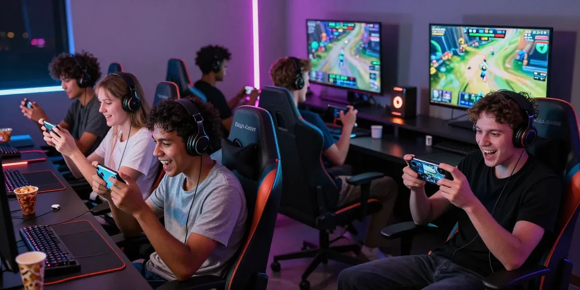 Engaged players logging into Raja Game on their mobile devices in a vibrant gaming room, capturing excitement and community.